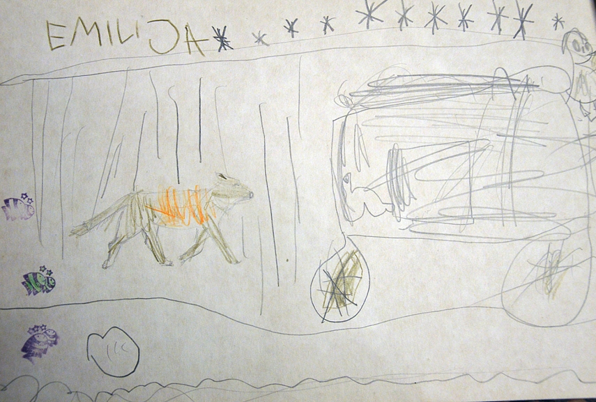 <p>Lesė bėga paskui vėžimą. Lesės kontūrus padėjau nupiešti aš, spalvino pati Emilija</p>
