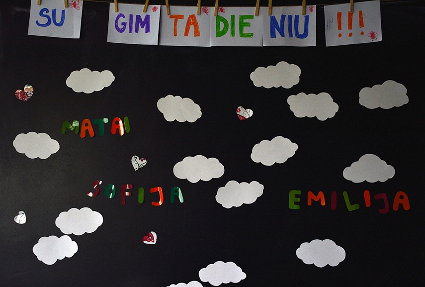 <p>Su gimtadieniu Matai, Sofija ir Emilija. Emilija išsikovojo savo vardą ant sienos... Vėliau ant tų debesėlių svečiai surašė palinkėjimus vaikams</p>
