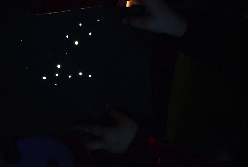 <p>Darom savo žvaigždyną: padariau skylutes juodam popieriuje, skylėtą lapą dėjom prie stalinės lempos (kišėninis žibintuvėlis tokio smagaus efekto nedavė..)</p>
