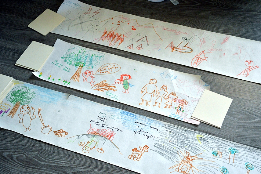 <p>Gideono istorija (Teisėjų kn). Aš skaitau istoriją iš Biblijos, o vaikai (su mano pagalba) ją piešia. Stengiamės labai neskubėti, išanalizuojam kiekvieną detalę.</p>
